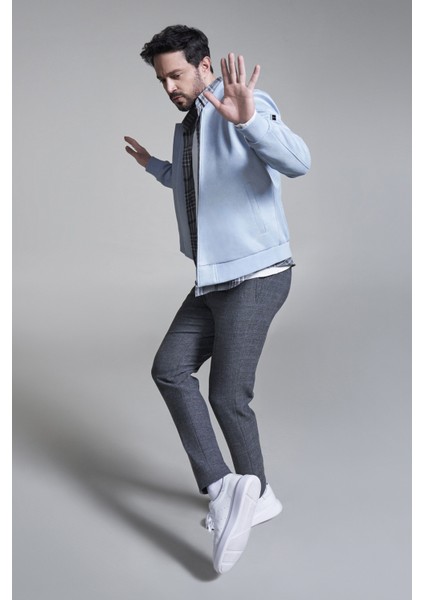 Erkek Mavi Bomber Yaka Fermuarlı Süet Mont A32Y6040