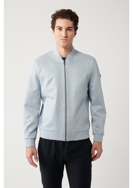 Erkek Mavi Bomber Yaka Fermuarlı Süet Mont A32Y6040