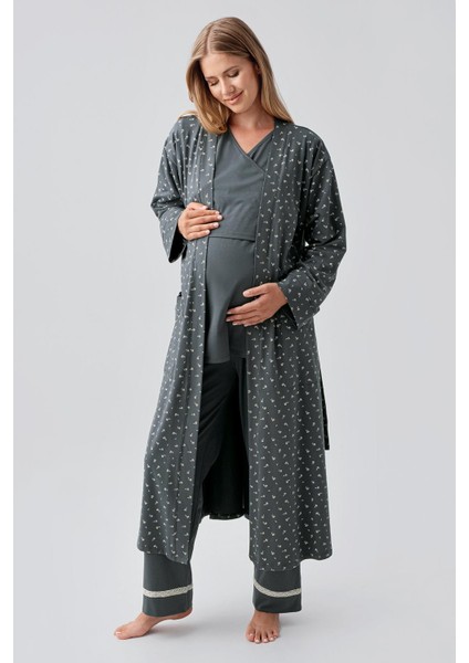 Uzun Kollu Desenli Esnek Pamuklu Hamile Sabahlık Pijama Takım 18301