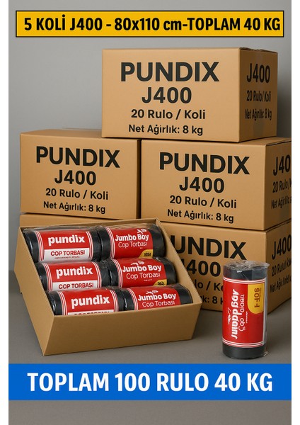 J400 Jumbo Boy Çöp Torbası 80X110 cm – 5 Koli (Toplam 40 Kg) | 100 Rulo (Her Biri 400 Gr) | Çift Kat 45 Mikron | Sızdırmaz, Dayanıklı Çöp Poşeti| Ev, Ofis, Restoran ve Endüstriyel Kullanım Için