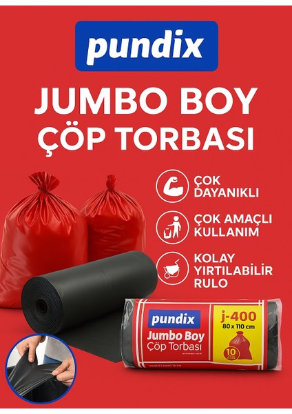 J400 Jumbo Boy Çöp Torbası 80X110 cm – 5 Koli (Toplam 40 Kg) | 100 Rulo (Her Biri 400 Gr) | Çift Kat 45 Mikron | Sızdırmaz, Dayanıklı Çöp Poşeti| Ev, Ofis, Restoran ve Endüstriyel Kullanım Için modelleri