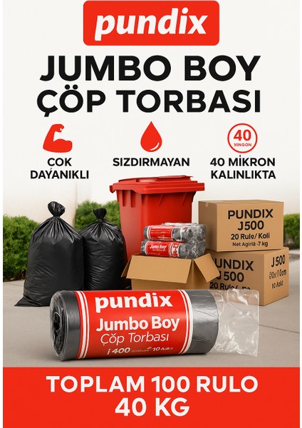 J400 Jumbo Boy Çöp Torbası 80X110 cm – 5 Koli (Toplam 40 Kg) | 100 Rulo (Her Biri 400 Gr) | Çift Kat 45 Mikron | Sızdırmaz, Dayanıklı Çöp Poşeti| Ev, Ofis, Restoran ve Endüstriyel Kullanım Için indirimleri