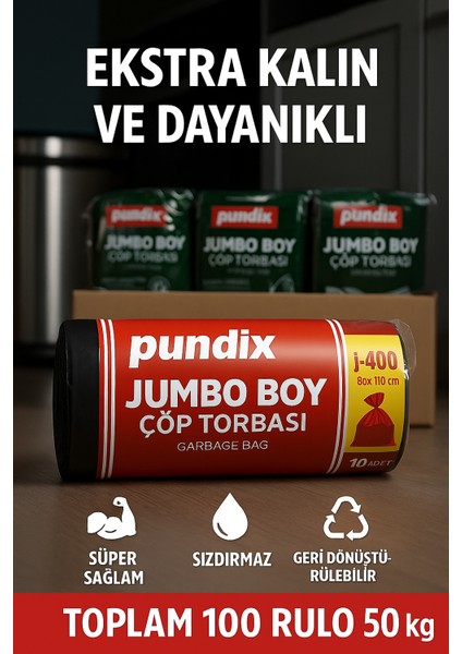 J400 Jumbo Boy Çöp Torbası 80X110 cm – 5 Koli (Toplam 40 Kg) | 100 Rulo (Her Biri 400 Gr) | Çift Kat 45 Mikron | Sızdırmaz, Dayanıklı Çöp Poşeti| Ev, Ofis, Restoran ve Endüstriyel Kullanım Için