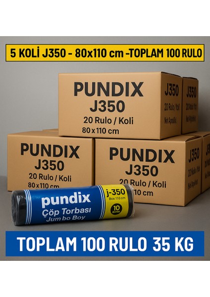 J350 Jumbo Boy Çöp Torbası 80X110 cm – 5 Koli (Toplam 100 Rulo / 35 Kg) – Çift Kat 40 Mikron Kalın – Endüstriyel Dayanıklı Siyah Poşet Seti