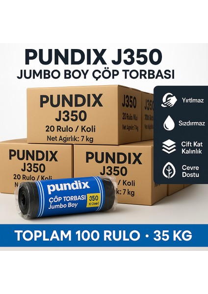 J350 Jumbo Boy Çöp Torbası 80X110 cm – 5 Koli (Toplam 100 Rulo / 35 Kg) – Çift Kat 40 Mikron Kalın – Endüstriyel Dayanıklı Siyah Poşet Seti indirimleri