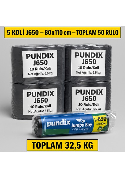 J650 Kalın Jumbo Boy Çöp Torbası 80X110 cm – 5 Koli(Toplam 50 Rulo / 32.5 Kg) | Endüstriyel Kalın Dayanıklı Opp Ambalajlı Çöp Poşeti Seti | Ev, Ofis, Bahçe ve Sanayi Kullanımı Için Ideal modelleri