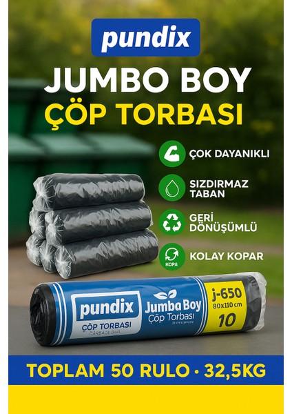 J650 Kalın Jumbo Boy Çöp Torbası 80X110 cm – 5 Koli(Toplam 50 Rulo / 32.5 Kg) | Endüstriyel Kalın Dayanıklı Opp Ambalajlı Çöp Poşeti Seti | Ev, Ofis, Bahçe ve Sanayi Kullanımı Için Ideal indirimleri