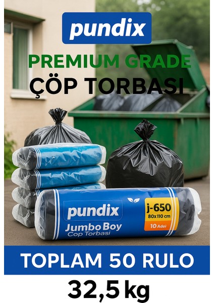 J650 Kalın Jumbo Boy Çöp Torbası 80X110 cm – 5 Koli(Toplam 50 Rulo / 32.5 Kg) | Endüstriyel Kalın Dayanıklı Opp Ambalajlı Çöp Poşeti Seti | Ev, Ofis, Bahçe ve Sanayi Kullanımı Için Ideal
