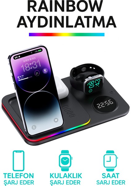 5in1 Telefon Saat Kulaklık Wireless Şarj Cihazı Rgb Işıklı Katlanabilir 30w A82