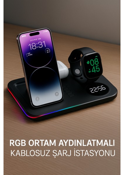5in1 Telefon Saat Kulaklık Wireless Şarj Cihazı Rgb Işıklı Katlanabilir 30w A82 fiyatları