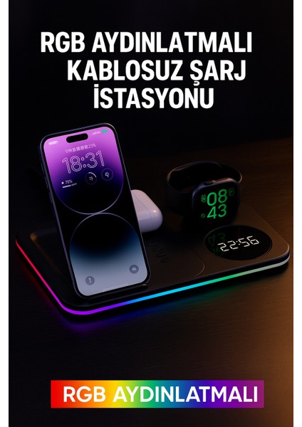 5in1 Telefon Saat Kulaklık Wireless Şarj Cihazı Rgb Işıklı Katlanabilir 30w A82 modelleri