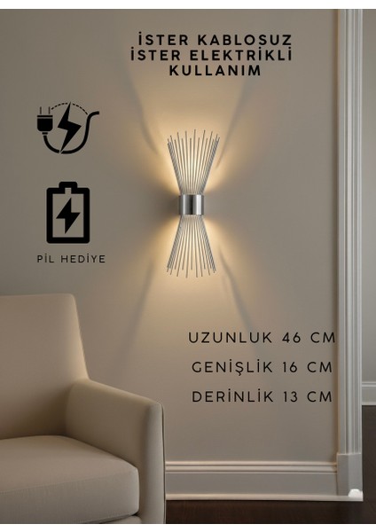 Krom Gümüş Pilli ve Elektrikli Duvar Aplik Kirpi