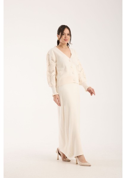 Triko Uzun Etek Ajurlu Kol Ceket Takım Ekru Ekru fiyatları