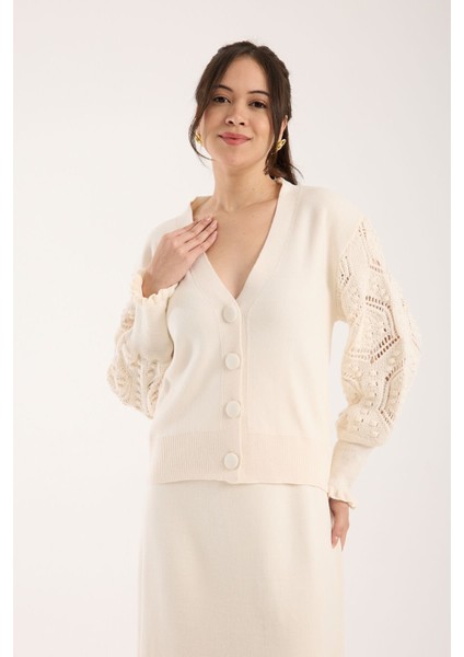 Triko Uzun Etek Ajurlu Kol Ceket Takım Ekru Ekru fırsatları