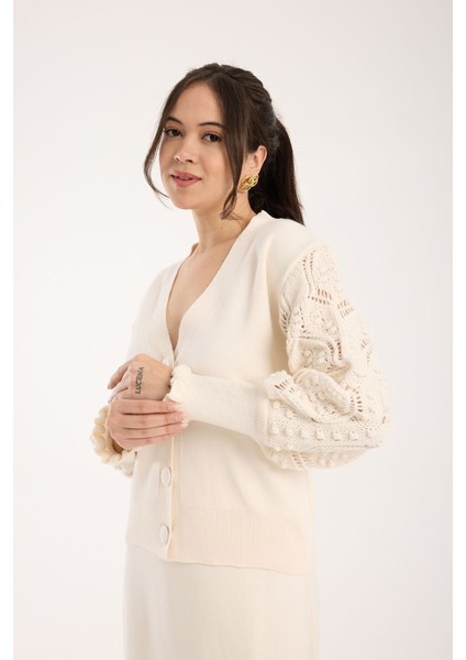 Triko Uzun Etek Ajurlu Kol Ceket Takım Ekru Ekru indirimleri