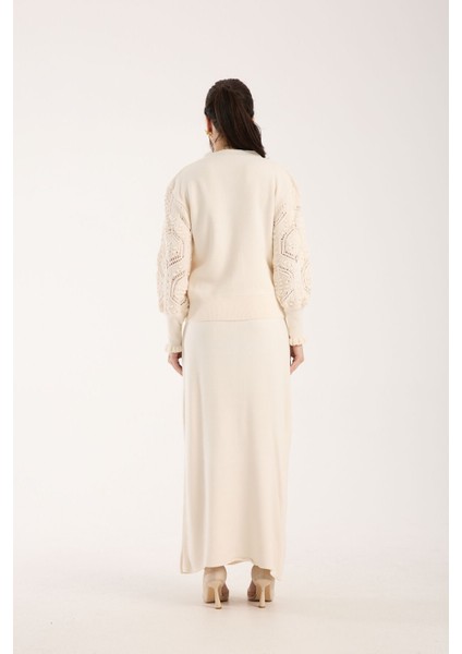 Triko Uzun Etek Ajurlu Kol Ceket Takım Ekru Ekru