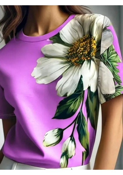 Kadın Kısa Kollu Bisiklet Yaka Çiçek Baskılı Süprem Bluz fiyatları