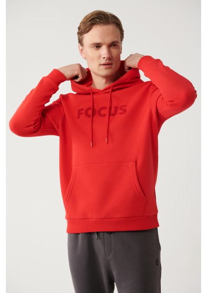 Erkek Kırmızı Şardonlu Kumaş Kapüşonlu Yaka Süzene Nakışlı Kanguru Cepli Sweatshirt A32Y1193