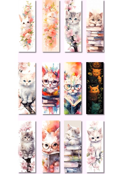 Kedi Kitap ve Çiçek Tasarım Hediyelik 12'li Kitap Ayracı Seti