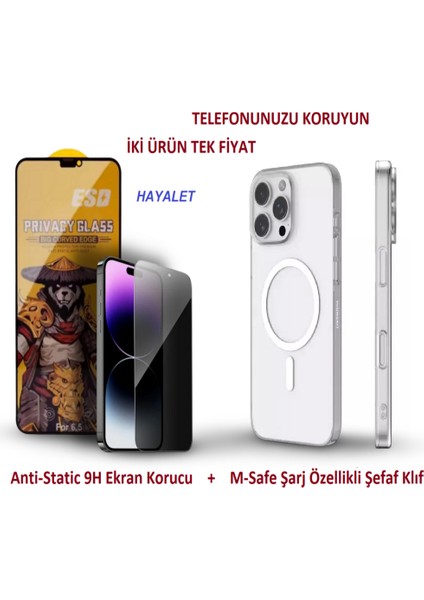 Iphone 15 Uyumlu Anti-Static Ekran Koruyucu Hayalet + M-Safe Şarj Özellikli Arka Klıf Şeffaf
