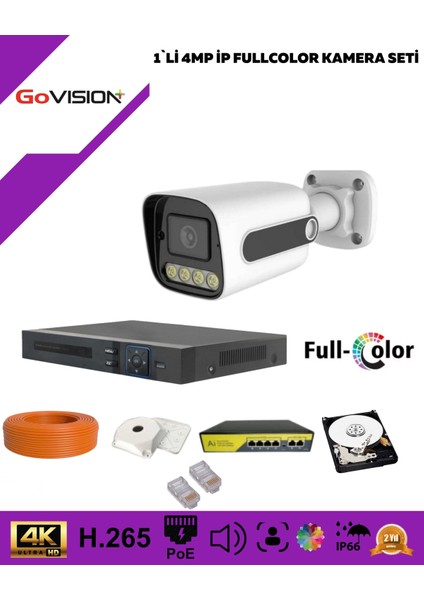 Go Vision 1'li Güvenlik Ip Kamera Seti - 4mp Dış Mekan Kamera, 3.6mm Lens, H.265, Poe, Warm LED Gece Görüşlü