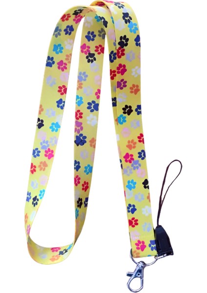 Sarı Renk Renkli Pati Desenli Boyun Askı Ipi ve Telefon Askısı + Kartlık
