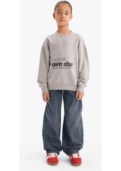 Kız Çocuk Relax Fit Bisiklet Yaka Baskılı Sweatshirt G3807A825WN fiyatları