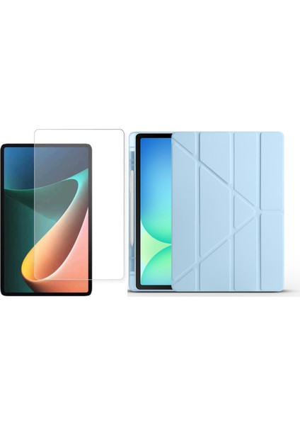 Apple iPad Air 10.9 2022 (5.nesil) Kılıf Zore Tri Folding Kalem Bölmeli Standlı Kılıf-Mavi + Cam