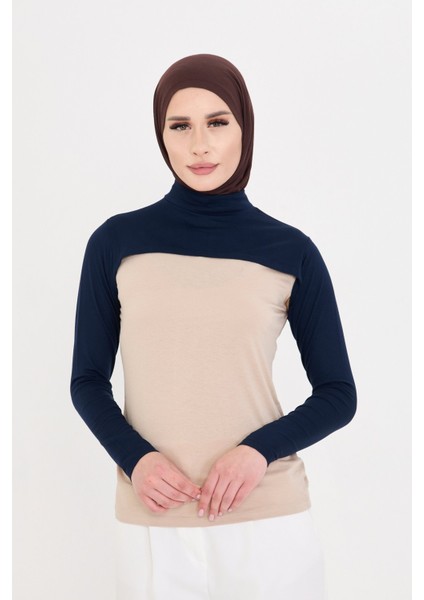 Lacivert Tesettür Balıkçı Yaka Boyunluklu Kolluk Viskon Düz 1025_02