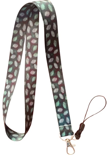 Lacivert Zemin Yeşil Yapraklar Desenli Boyun Askı Ipi ve Telefon Askısı + Kartlık