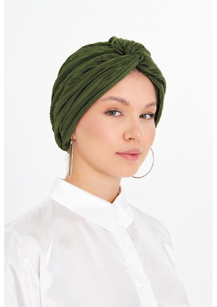 Haki Çapraz Büzgülü Tesettür Bone Fukuro Piliseli 2512_09