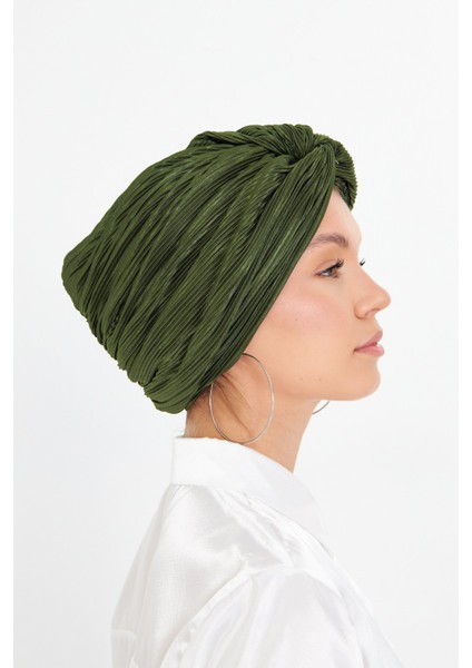 Haki Çapraz Büzgülü Tesettür Bone Fukuro Piliseli 2512_09 modelleri