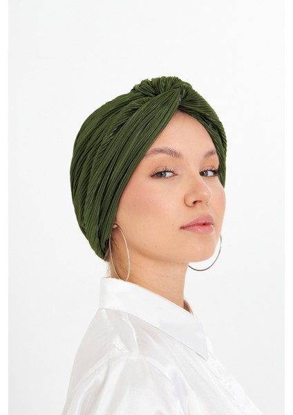 Haki Çapraz Büzgülü Tesettür Bone Fukuro Piliseli 2512_09