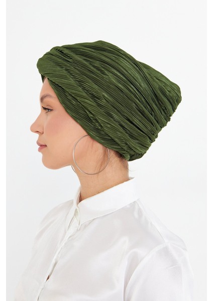 Haki Çapraz Büzgülü Tesettür Bone Fukuro Piliseli 2512_09