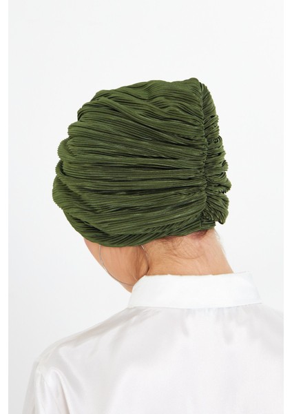 Haki Çapraz Büzgülü Tesettür Bone Fukuro Piliseli 2512_09