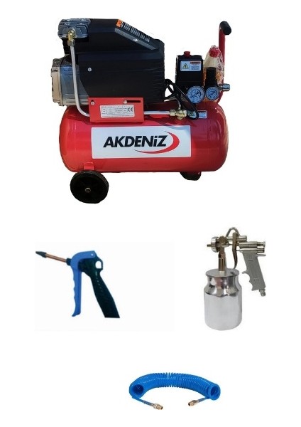 2 Hp 25 Lt Hava Kompresörü 8 Bar+Kompresör Seti 4 Parça