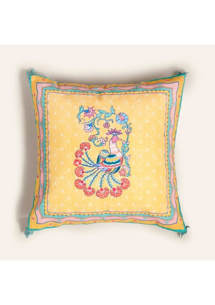 Ghunı Püsküllü Nakışlı Pamuk Dolgulu Kırlent 50X50 cm Sarı