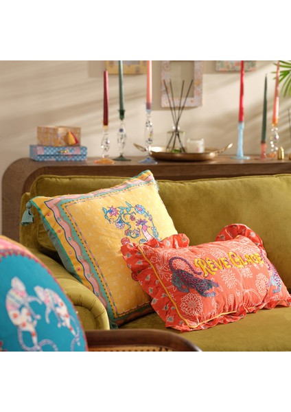 Ghunı Püsküllü Nakışlı Pamuk Dolgulu Kırlent 50X50 cm Sarı fiyatları