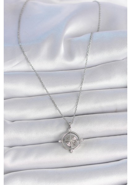 316L Çelik Gümüş Renk Zincir Zirkon Taşlı Pusula Model Kadın Kolye - Lisinya fiyatları