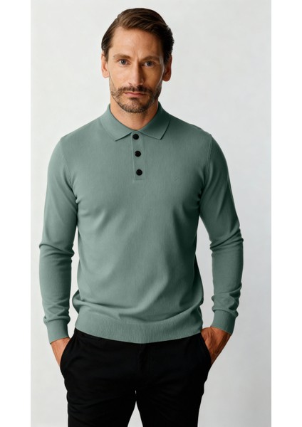 Mint Yeşili Standart Fit Dar Kalıp Polo Yaka Düz Uzun Kollu Triko