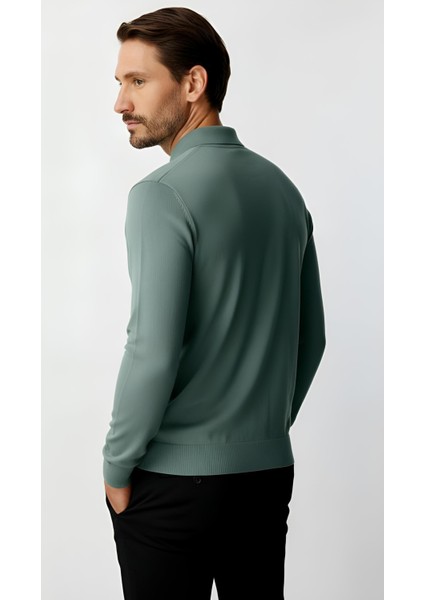 Mint Yeşili Standart Fit Dar Kalıp Polo Yaka Düz Uzun Kollu Triko fiyatları