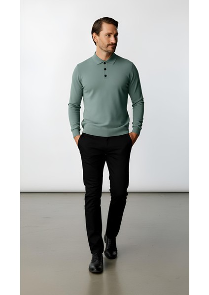 Mint Yeşili Standart Fit Dar Kalıp Polo Yaka Düz Uzun Kollu Triko modelleri