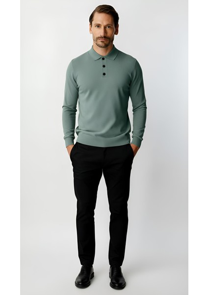 Mint Yeşili Standart Fit Dar Kalıp Polo Yaka Düz Uzun Kollu Triko fırsatları