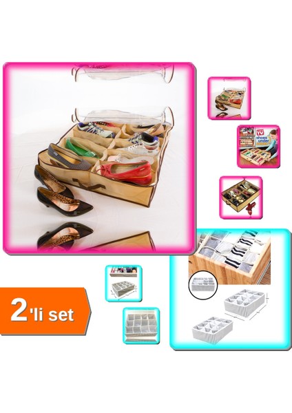 12 Bölmeli Çekmece Düzenleyici Organizer + 12 Bölmeli Ayakkabı Saklama Çantası 2’li Set – Y2G9KP