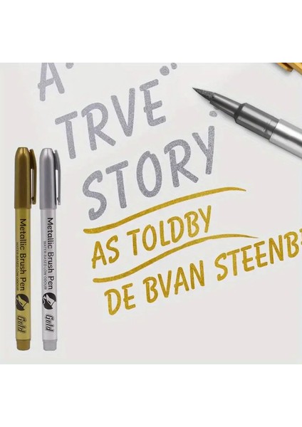 Art Tone 2'li Altın Gümüş Akrilik Marker Fırça Uçlu Keçeli Kalem Seti Posca Gibi Taş Kağıt Metal Tahta Cam