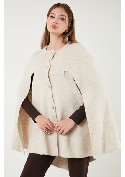 Oversize Fit Bisiklet Yaka Pelerin Kol Düğmeli Panço Bayan Panço 4617015