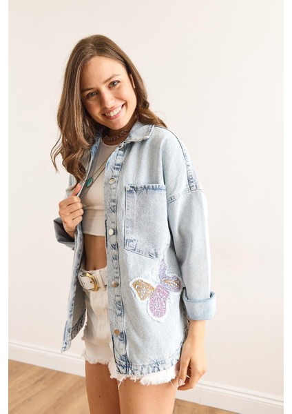 Ast 923 Kelebek Işleme Detaylı Oversize Kadın Kot Ceket Mavi modelleri