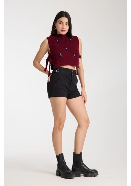 Kurdele Detaylı Triko Crop Süveter