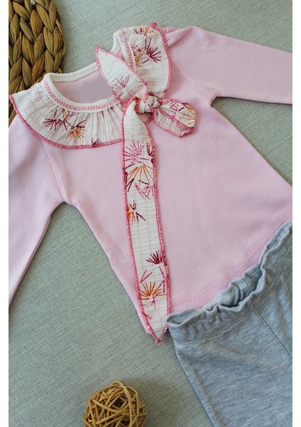 Litaetrend 3-6 6-9 9-12 Ay Matmazel Yaka Fırfır Detaylı Bandanalı Uzun Kollu Sweat 3lü Kız Bebek Takımı Pembe fiyatları