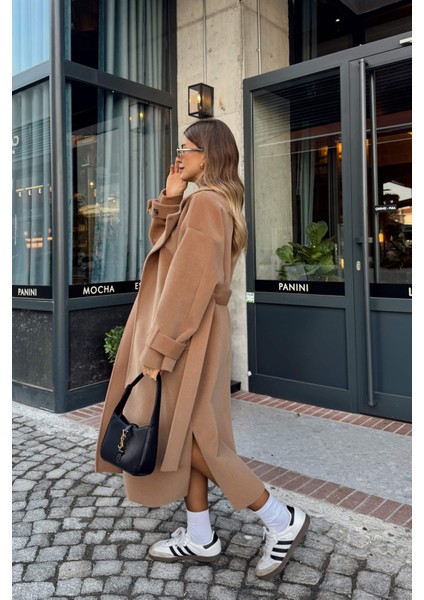 Camel Astarlı Kruvaze Oversize Yün Kaban fiyatları